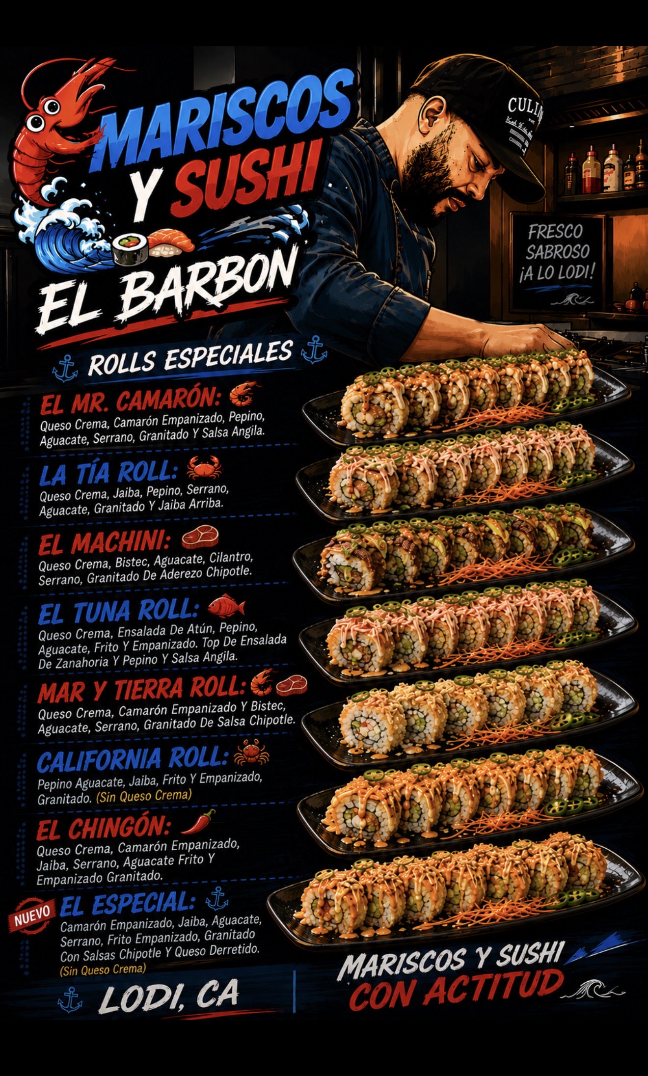 Spanish menu for Mariscos y Sushi El Barbon